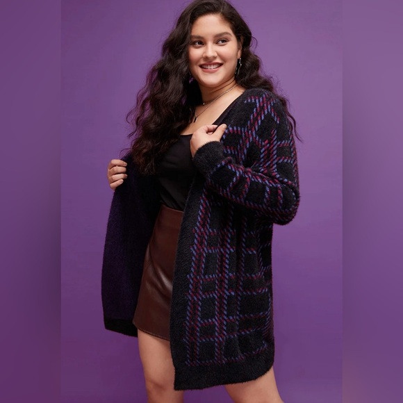 BloomChic Plaid Contrast Soft Sexy Yarn Knit Fluffy Open Front Cardigan 18-20 2X - Picture 1 of 10